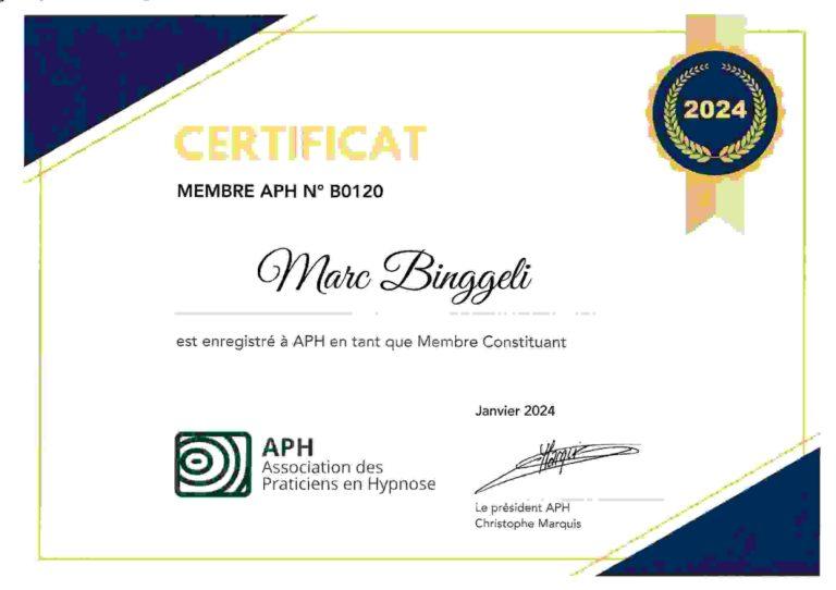 Certificat membre association des professionnels hypnose marc binggeli