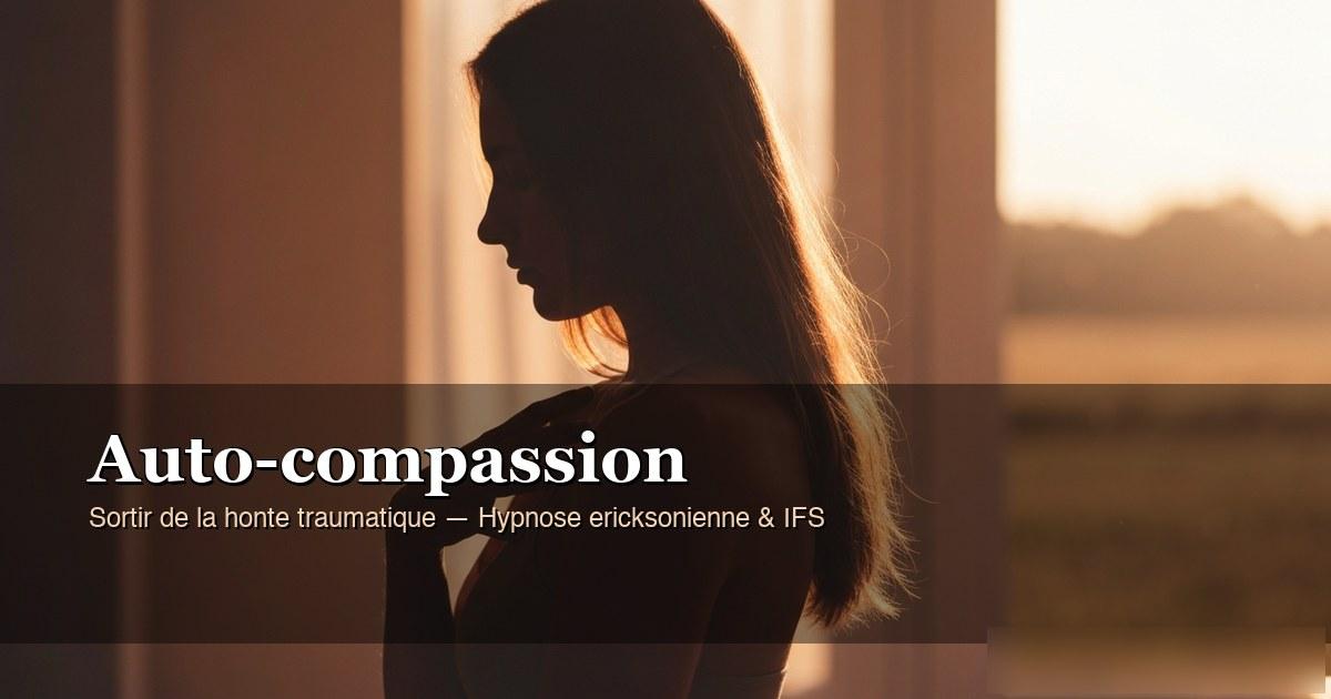 Silhouette d'une femme posant une main sur sa poitrine, dans une lumière douce de fin de journée — métaphore de l'auto-compassion face à la honte traumatique